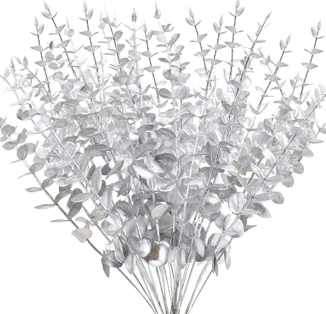 FEQO 36 Pcs Silver Eucalyptus Stems Artificial Leaves Faux Eucalyptus Stems Branches 15 inch for Wedding Bouquet Home Decor