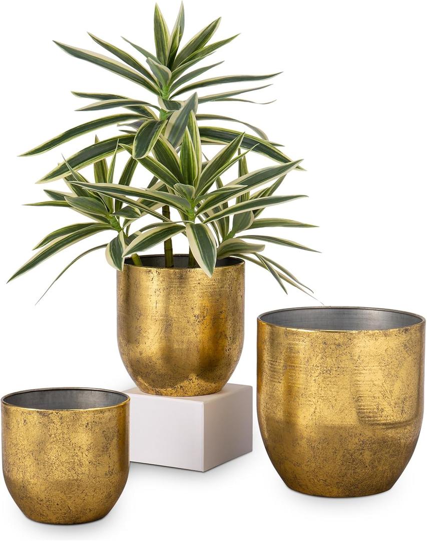 Briful Set of 3 Shabby Gold Galvanized Buckets Multi-Size Rustic Chic Metal Planters for Home Centerpieces Table Decor, Farmhouse Garden Round Metal Pots for Flowers Plant Herb(4 ¾''/5 ½''/6 ¾'')