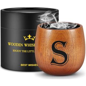Fathers Day Birthday Gifts for Husband Dad Grandpa, Personalized Gifts for Men, Initial Charred Wooden Bourbon Drinking Glass & Whiskey Glasses Gift, Birthday Gift for Men Dad Husband Brother Him (S)