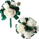 Ivory Rose Wrist Corsage and Boutonniere Set Artificial Flowers for Wedding Prom Homecoming Groom Bridal Party (Green and Ivory)