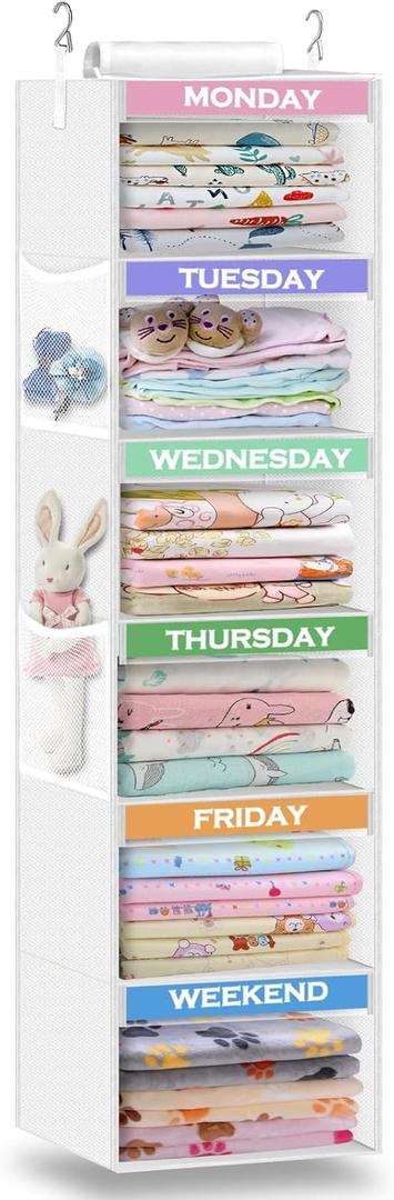 Weekly Clothes Organizer for Kids 6-Shelf Hanging Closet Organizer with Monday Through Friday Compartments & 2 Side Pockets  Space-Saving Clothes Storage for Children Closet Storage (White)