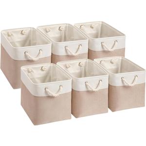 Mangata Canvas Storage Boxes, 9.8 Inch Cube Storage Bins Set of 6 for 10 Inch Cabinets, Fabric Baskets with Cotton Rope Handle for Organizing Clothes Nursery Home (Khaki/White)