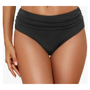 Tempt Me Women Mid Rise Bikini Bottoms Full Coverage Swimsuit Ruched Scrunch Swim Bottom, Black, Small