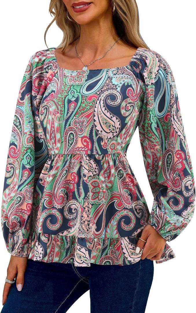 Womens Square Neck Floral Long Sleeve Tops Casual Loose Puff Sleeve Boho Work Blouse T Shirts (Medium, C1002)