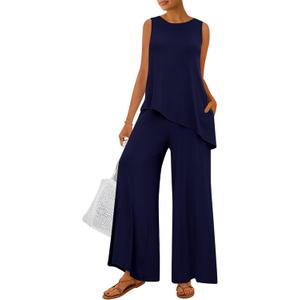 PRETTYGARDEN Women's 2026 Two Piece Matching Lounge Sets Asymmetrical Split Tank Tops Wide Leg Pants Summer Outfits Tracksuit, Navy Blue M