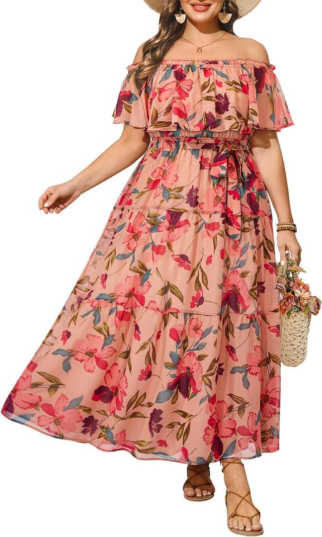 Plus Size Chiffon Off The Shoulder Maxi Long Floral Summer Casual Beach Boho Sundress Women 2024 XXL