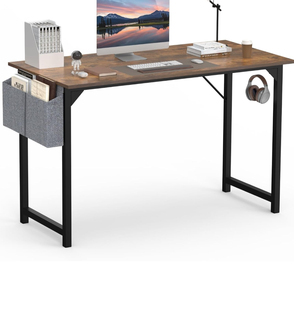 OLIXIS Computer Office Desk, 48 Inch Writing Work Study PC Wood Modern Desk with Storage Bag & Headphone Hook Simple Bedroom for 2 Person Kids Student Table, Rustic Brown
