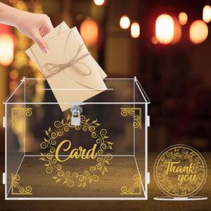 Ywlake Acrylic Wedding Card Box with Lock and Slot, Money Cash Gift Box Holder, Clear Wedding Post Box Letter Envelope Boxes for Reception Anniversary Birthday Party Baby Shower (Transparent) (Arylic-Gold)
