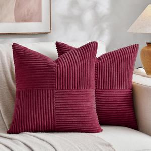 Fancy Homi 2 Packs Burgundy Red Decorative Throw Pillow Covers 18"x18" for Living Room Couch Sofa, Boho Farmhouse Home Decor, Soft Corss Corduroy Patchwork Textured Square Cushion Case 45x45 cm (18" x 18" (Pack of 2), Burgundy)
