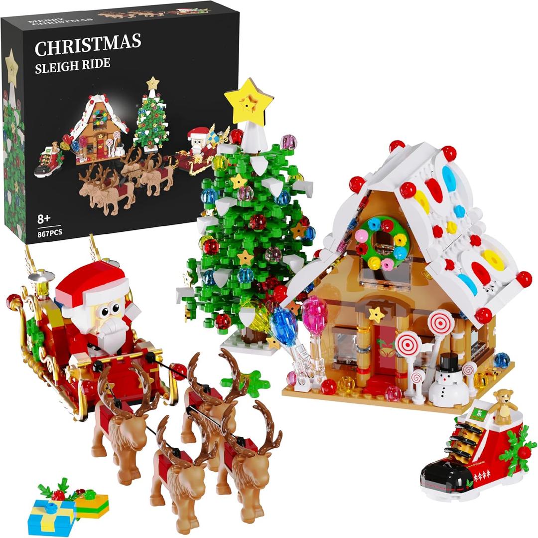 CAEROKEERL Christmas Santa's Sleigh Building Sets,Santa Claus Kit and Gingerbread House kit, Toys for Kids Ages 8+,Suitable for Christmas and Birthday Gifts.867pcs