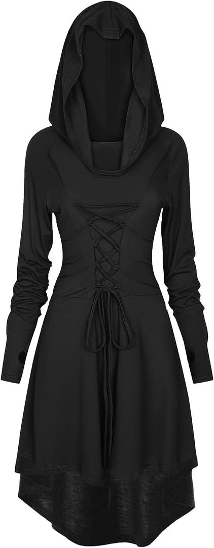 HODBLKT Womens Renaissance Costumes Hooded Robe Lace Up Renaissance Dress Women Halloween Vintage Medieval Cloak (XS)