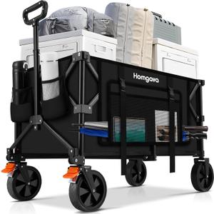 140L Collapsible Folding Wagon Cart with 350LBS Resting Weight Capacity, Heavy Duty Garden Cart with All-Terrain&Brake Wheel, Utility Wagon with Side Pocket for Camping,Shopping,Sports,Black