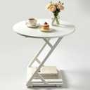 White Round Side Table, 2-Tier End Table with Z-Shaped Metal Frame, Wood Grain Small Round Accent Table with Storage Shelf, Modern Sofa Side Table Nightstand for Living Room Bedroom Small Spaces