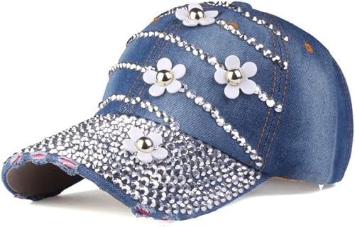 LUCKYBUNNY Women Bling Baseball Cap with Flower, Vintage Adjustable Low-Profile Dad Hat Sport Strap back Caps for Ladies Denim