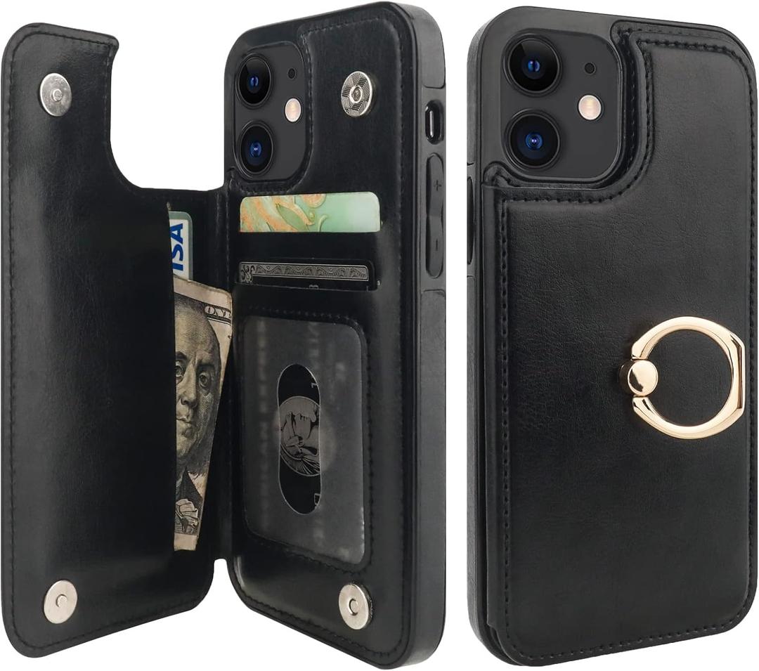 ONETOP for iPhone 12/12 Pro Wallet Case with Card Holder, 360 Rotation Ring Kickstand RFID Blocking PU Leather Double Magnetic Clasp Shockproof Cover for Women and Girls 6.1 Inch (Black)
