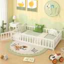 Twin Floor Bed with Fence for Kids, Wooden Montessori Bed Frame with Lockable Door & Guardrails, Low Floor Beds for Kids, Boys, Girls, No Box Spring Needed, Without Wood Slats, White