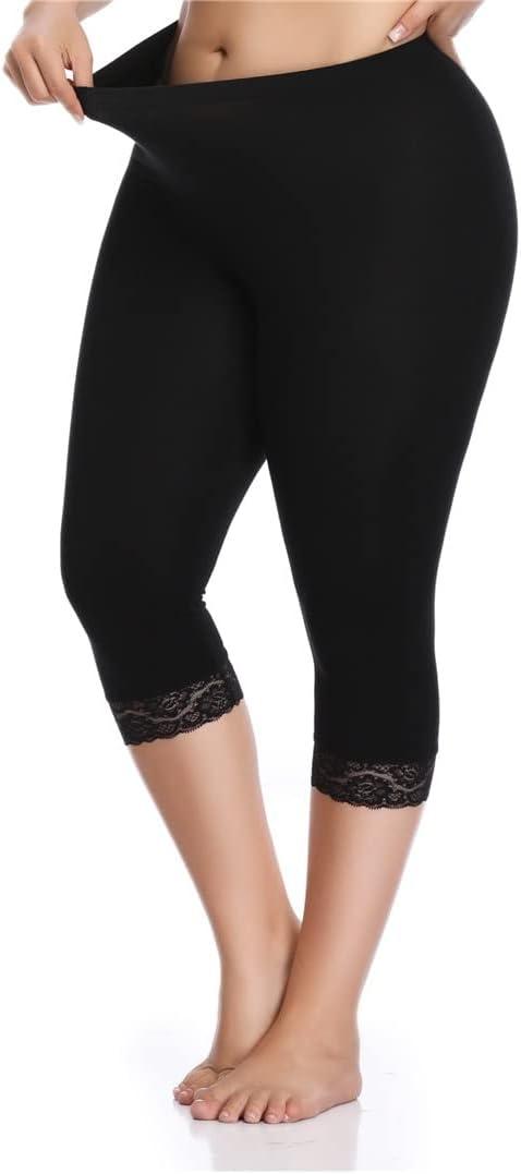 Kotii Women's Plus Size Lace Trim Capri Leggings Stretch Crop Leggings Summer Tights Pants (Black, XL)
