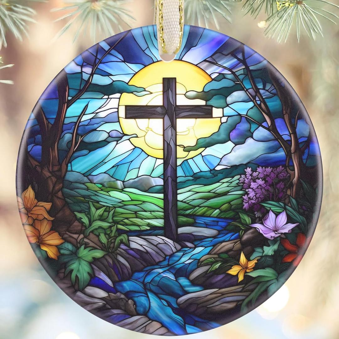Cross Christmas Ornament, 3.5 Inch Ceramic Religious Ornament, Christmas Tree Ornaments, Christian Gifts, Religious Gifts, Gifts for Christmas, Perfect for Holiday Party, Tree, Window (Cross and River)