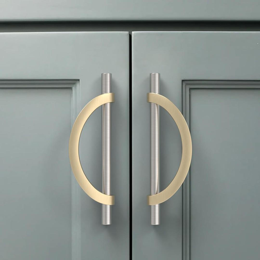 Amerdeco 6 Pack Brushed Satin Nickel and Gold Cabinet Pulls 7.5 Inch(192MM) Hole Centers Kitchen Cabinet Handles Cabinet Hardware Cupboard Handles Drawer Pulls