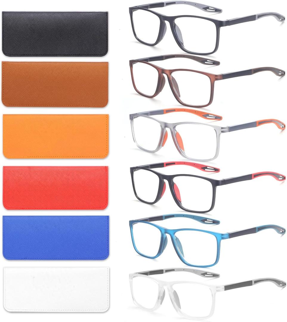 6 Pack Reading Glasses for Men Sports Style Blue Light Blocking Readers with Spring Hinge Women Eyeglasses (Black & Red & Brown & Orange & Blue & Transparent)