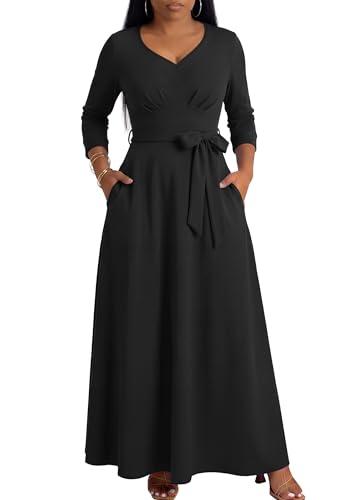MarryUP Women's Maxi Dresses V Neck 3/4 Sleeve Casual Flowy Long Church Dress with Waist Belt Black L