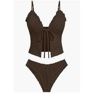 Seamoly Women's Tankini Sets Tie Front Ruffle Bikini Set High Cut Thong Two Piece Swimsuit Floral Gingham Bathing Suit.XS