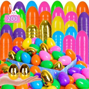 [6 Golden Eggs] 200 PCS 2.4" Fillable Plastic Easter Eggs Empty Easter Eggs Colorful Plastic Eggs Bulks for Kids Teens Boys Girls Easter Basket Stuffers Hunt Easter Party Favor