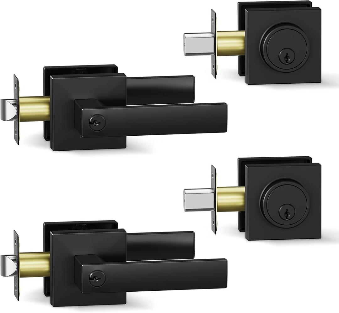 BAOLONG Deadbolt Lock and Door Knob Set,Exterior Door Lock Set, Entry Door Locksets for Front Door Handle with Single Cylinder Deadbolts, Keyed Alike 2 Pack Matte Black.