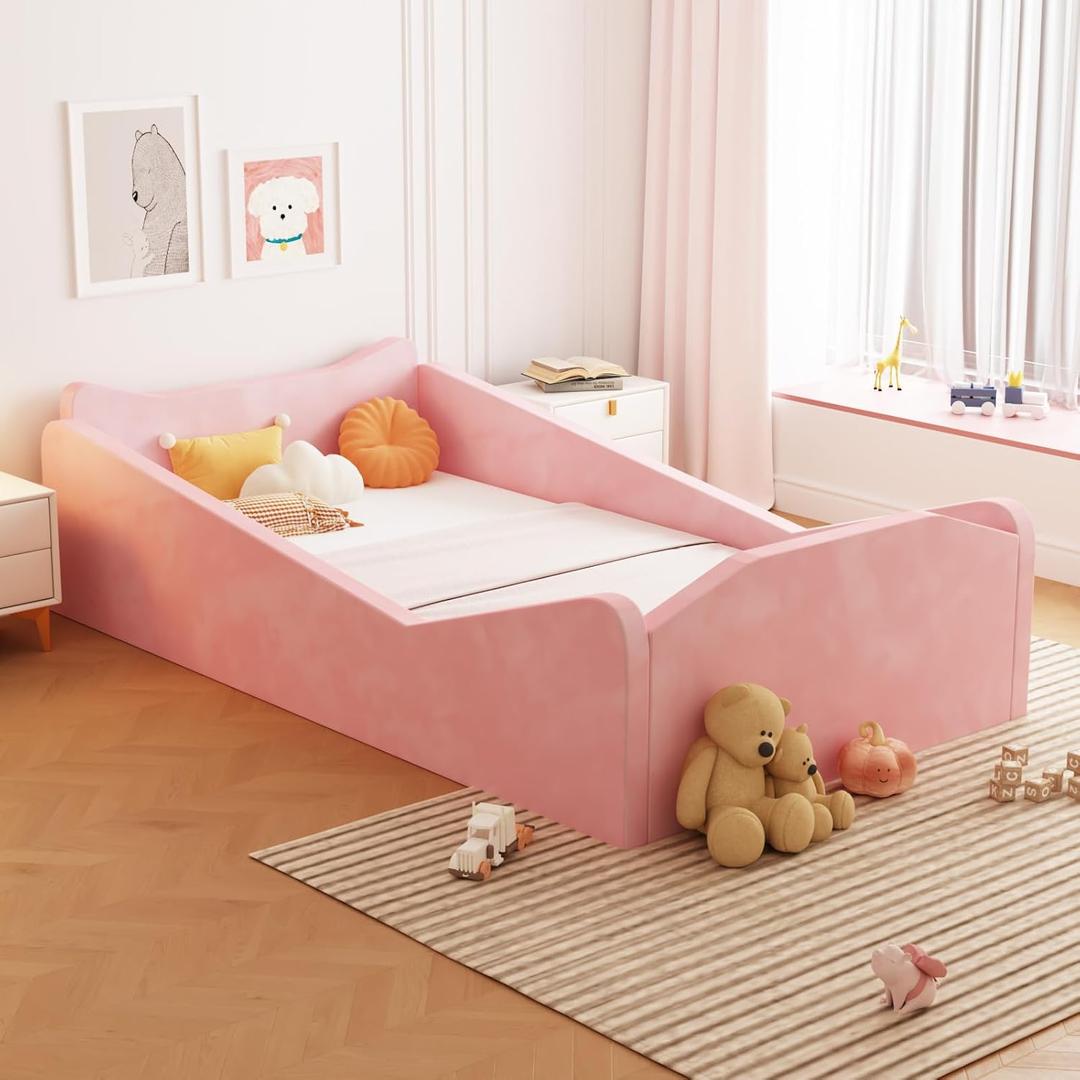 JOYMOR Toddler Bed, Floor Bed with Safety Guadrail, Montessori Toddler Bed with Animal Ear Shapes, Soft Velvet Wood Bed for Infant, Kids, Mattress not Included (Pink)