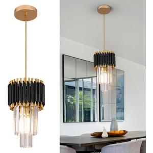 Crystal Chandelier Gold Pendant Light Fixtures Modern Crystal Pendant Light for Kitchen Island D7.5'' Black and Gold Chandelier for Dining Room Bedroom Living Room Hanging Light with a Bulb