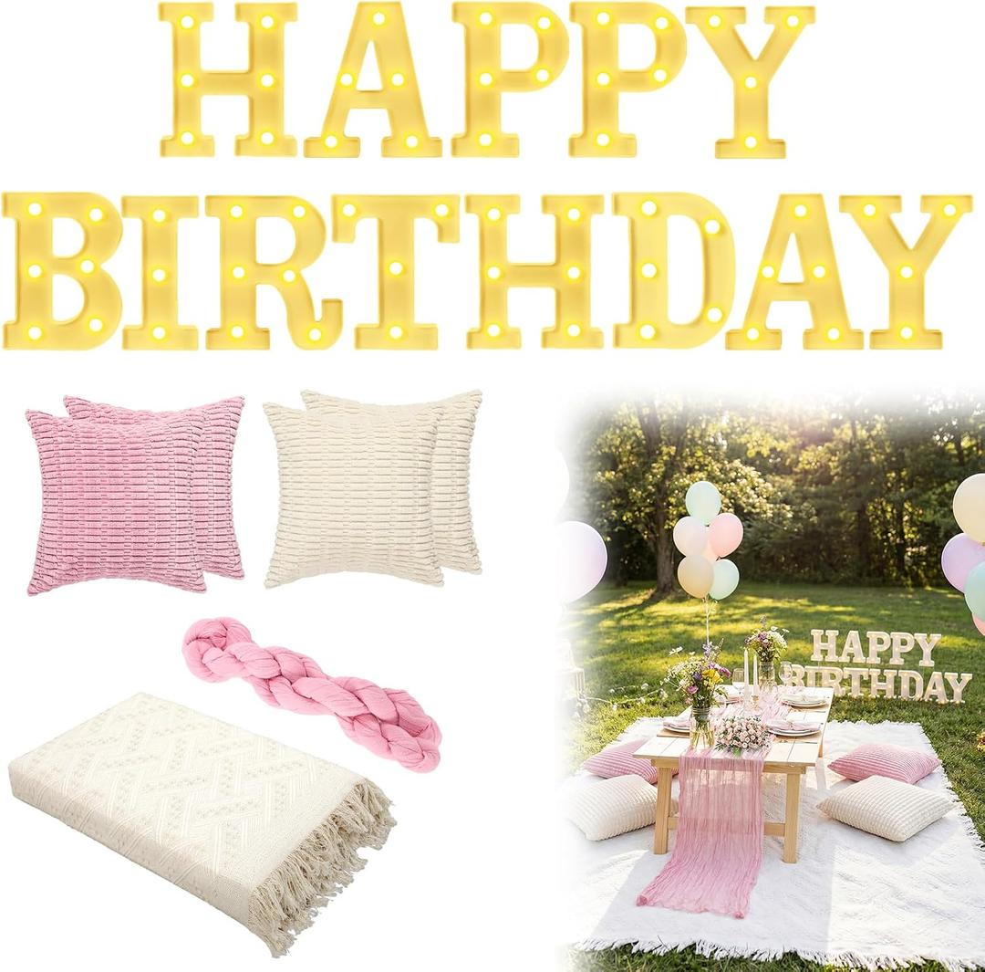 Redbaker Happy Birthday Picnic Ideas Happy Birthday Light up Letters with 91 x 71 Extra Large Boho Blanket Pink Table Runner Decorations for Outdoor Luxury Picnic Tea Party Engagement Anniversary Day