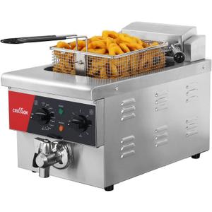 CROSSON 6L Electric Countertop Deep Fryer Extra Large with Drain, Timer, Basket and Lid for Restaurant Use 120V,1800W Commercial Deep Fryers, Single Tank