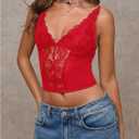 SHENHE Women's Mesh Lace Bustier Corset Top Deep V Neck Spaghetti Strap Fitted Crop Cami Tank (Red, M)