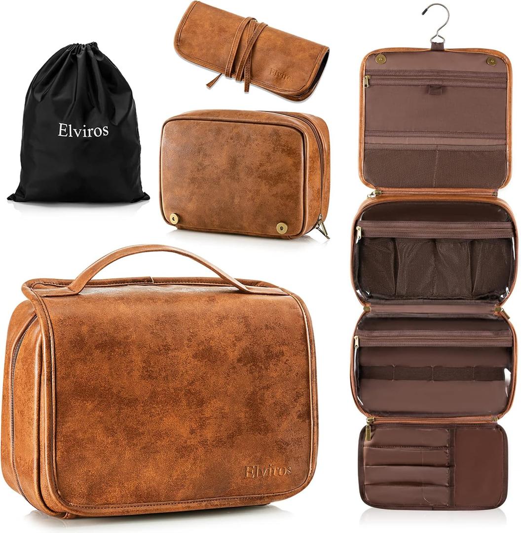 Elviros Hanging Toiletry Bag for Men Travel Essentials 3-in-1 Large Waterproof Dopp Kit PU Leather Shaving Bag with Separate Compartments for Grooming and Toiletries (Brown)