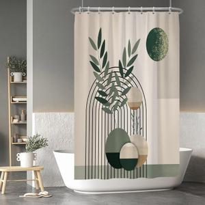 Baocicoo Mid Century Bohemia Green Moon Leaves Shower Curtain - Geometric Aesthetic Bathroom Decor - Polyester Durable Shower Curtain with Hooks - 48x72 Inches (Cream-coloured)