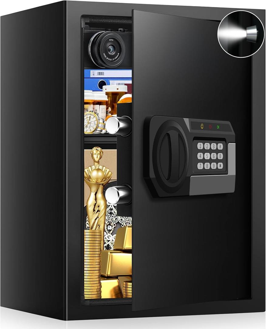 3.3 Cuft Large Home Safes Water and Fireproof with Digital Keypad & Key Lock, Security Safes for Home with DIY Removable Shelf, Anti-Pry Safe Box for Money Documents Jewelry, 19.69"H x13.78"W x 12.2"D