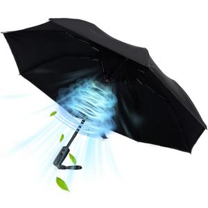 WOOLALANewly UV Portable Cooling UPF 50+ Foldable Umbrellas with Fan for Sun & Rain, USB Rechargeable for Games, Playgrond, Heatstroke, Hot Days (black)