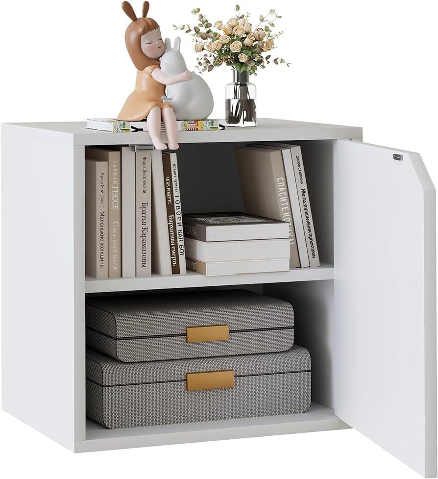 Dueatib Storage Cube 2 Tiers White Stackable Storage Shelf with Door, Cubby Organizer Wooden Display Shelf Closet Organizer,Modern Cubical Bookcase Small Storage Cabinet for Living Room Bedroom