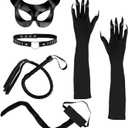 5 Pcs Halloween Cat Costume Accessories for Women, Black Cat Mask Cosplay Costume for Women, Set of 5pcs Faux Claw Gloves Necklace Tail Outfit Set