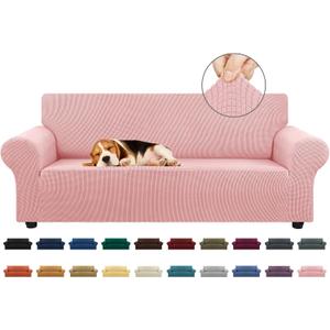 KEKUOU Stretch Sofa Cover Slipcover Couch Covers for 3 Cushion Couch Sofa pet Friendly (78"-94") Furniture Protector Sofa with Elastic Bottom for Kids,Dog, Jacquard Small Checked(Large,Dusty Pink)