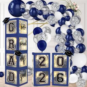 DAZONGE Navy Blue Graduation Decorations 2026 - Set of 4 Grad Balloon Boxes with 139pcs Balloon Arch Garland Kit & 4 Lighted Strings - So Proud of You 2026 Graduation Decorations