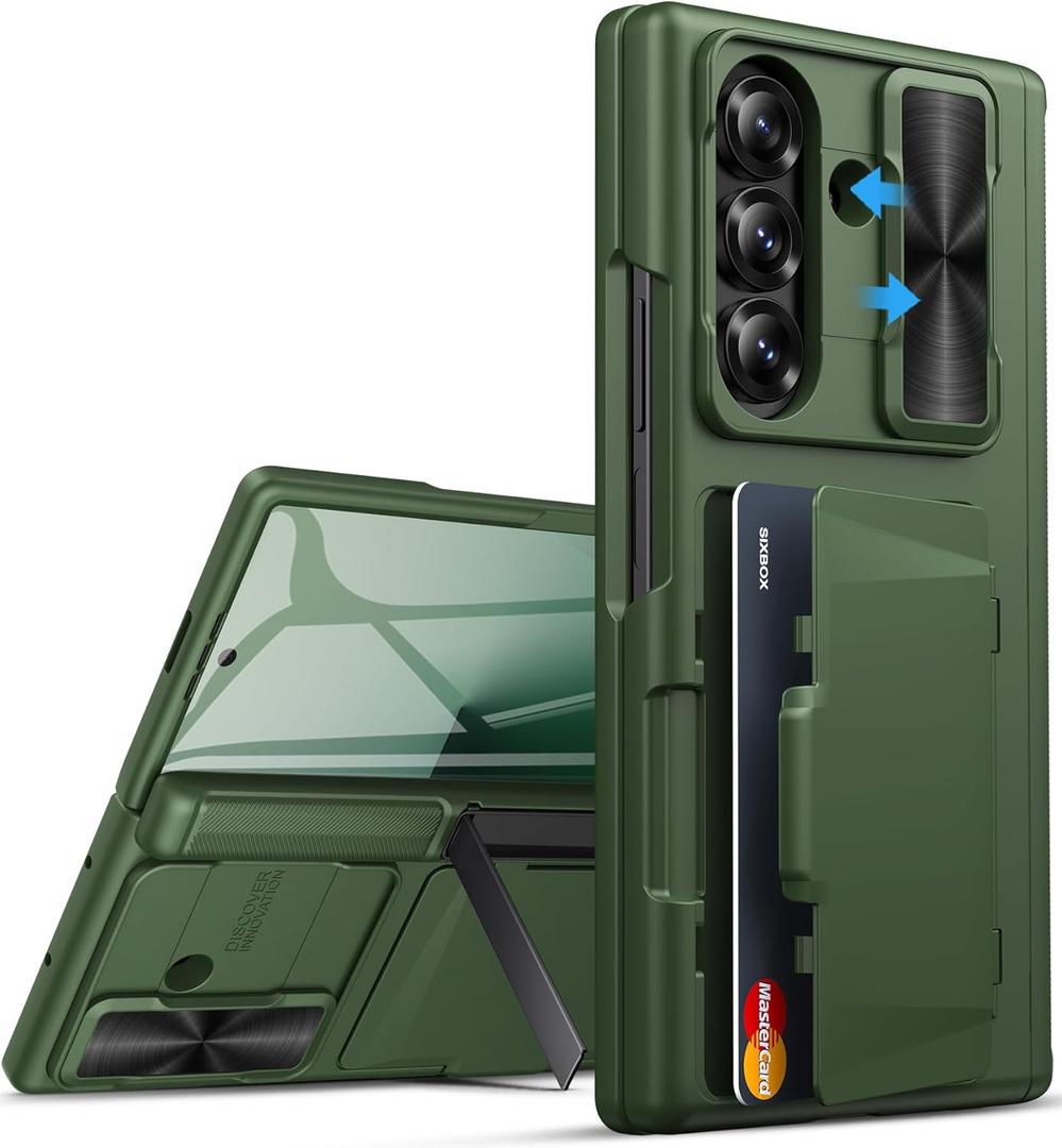 for Samsung Galaxy Z Fold 7 Case Stand with Card Holder & Screen Protector, Built-in Hinge Protection & Slide Lens Cover, Heavy Duty Hard Back Protective Phone Case for Galaxy Z Fold 7, Green