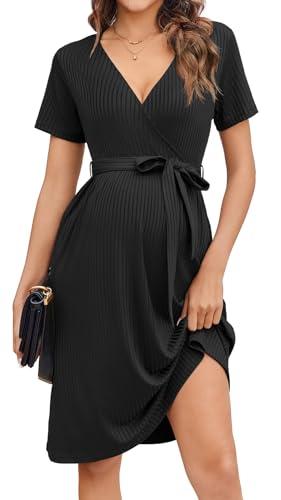 Ekouaer Women Short Sleeve Maternity Nursing Dress Casual V Neck Breastfeeding Loungewear Ribbed Knit Pregnancy Dresses Black L