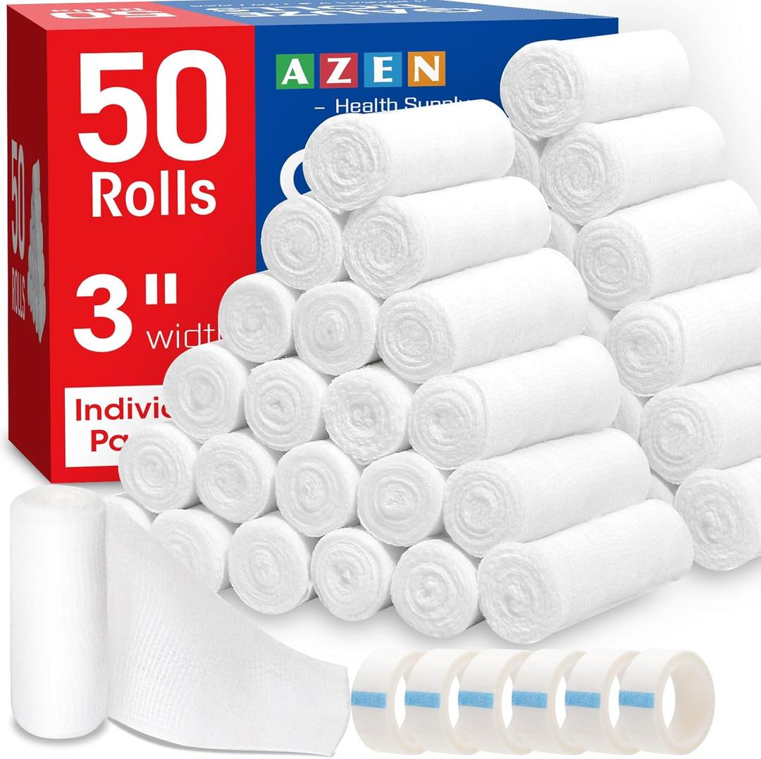 AZEN 50 Pack Gauze Rolls Bandages, 3 in x 4.1 Yards, Premium Medical Supplies & First Aid Supplies, Bandage Wrap Vet Wrap