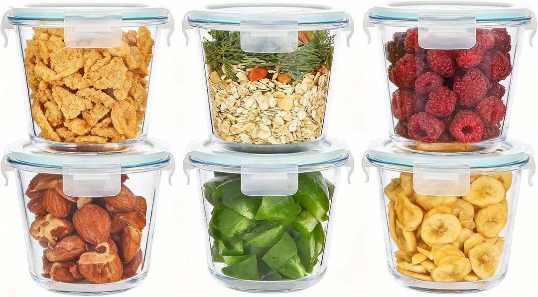 8 PCS Glass Meal Prep Containers with Lids, Airtight 3 Cup Glass Storage Containers Set, Round Deep Soup Containers with Lids for Leftover, Microwave, Dishwasher, and Freezer Safe (6Pc)