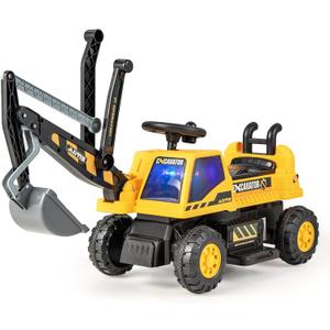 HONEY JOY Ride on Excavator, 6V Battery Powered Ride on Construction Vehicles for Kids, Under Seat Storage, Music, Rotatable Seat, Kids Digger Loader, Bulldozer Ride on Toy, Gift for Boys Girls