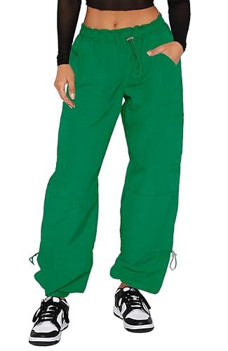 DISCIPBUSH Cargo Pants Women Baggy - Parachute Pants for Women, Rave Y2K Festival Outfits Hiking Camping Essentials Clover Green M