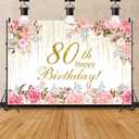 Happy 80th Birthday Backdrop Pink Watercolor Floral Golden Curtains Backdrop for Women Grandma Theme Birthday Party Decorations Banner Stylish Photography Background Studio Props 7x5ft