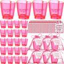 24 Set Galentine Day Gift Heart Shaped Shot Glasses Set 1.5 oz Plastic Drinking Cups with Galentine Greeting Cards for Valentines Friendship Women Party Favors(Fuchsia)