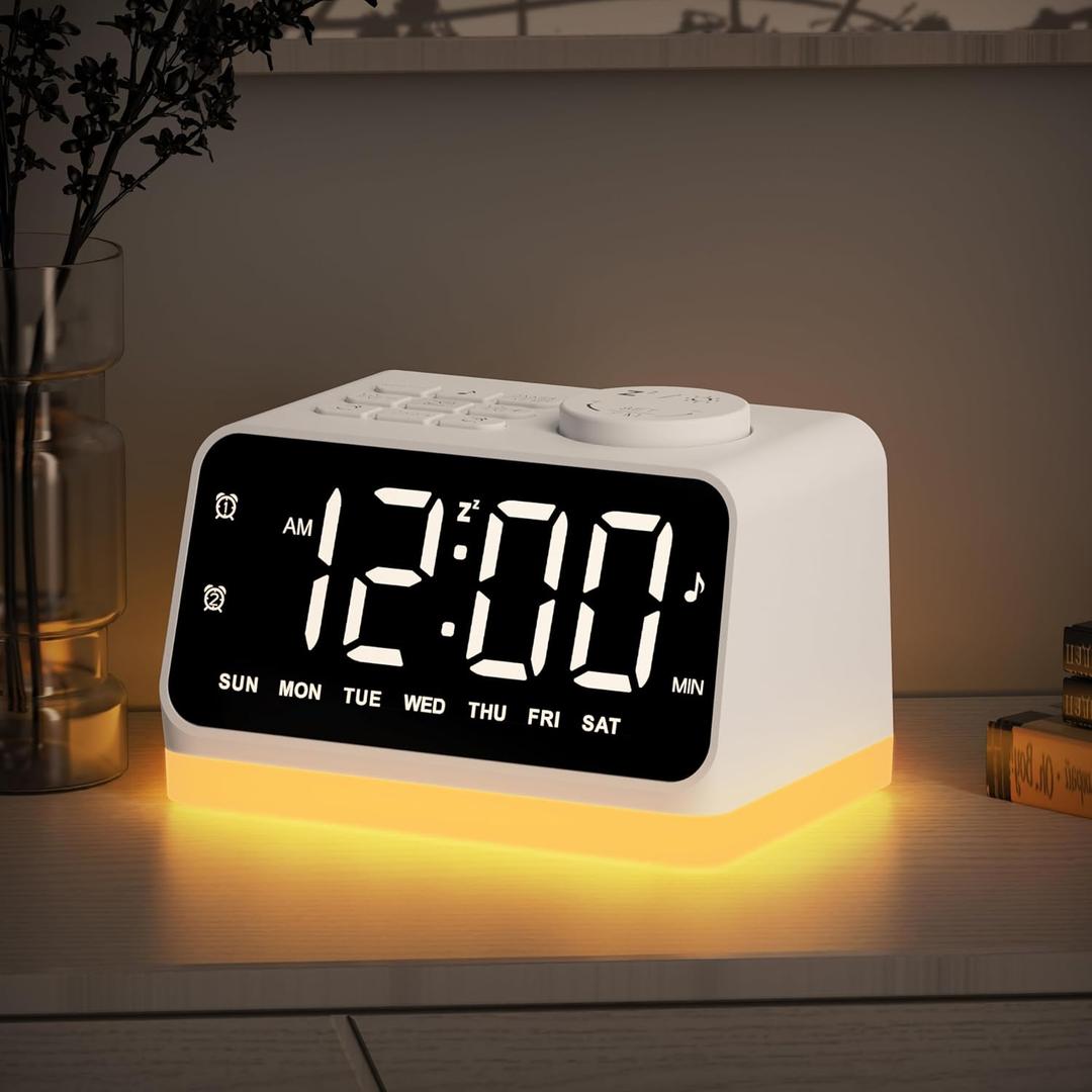 JALL Digital Alarm Clock with FM Radio for Bedroom, 8 Colors Night Light with 2 Charging Port, Sleep Sound Machines with Timer, Dual Alarm, Loud Alarm and Easy to Use for Seniors and Kids as Gift (White)